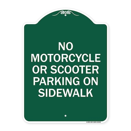 Signmission No Motorcycle or Scooter Parking on Sidewalk, Green & White Aluminum Sign, 18" x 24", GW-1824-23840 A-DES-GW-1824-23840